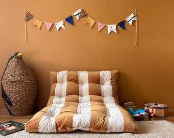 Striped Velvet Floor Cushion, Tufted Reading Nook Pillow, Kids Room Seating