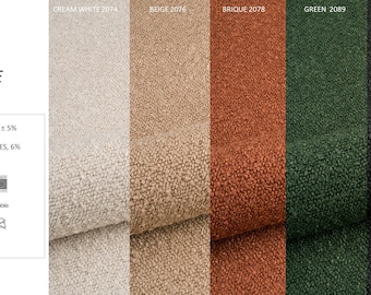 Op de afbeelding: Een stoffen stalenkaart met vijf stalen van getextureerde bouclé stof in crèmewit, beige, baksteen, groen en zwart. De kaart bevat de tekst "BOUCLE" en details over de samenstelling van de stof. Het gewicht is 570 g/m² ± 5%.