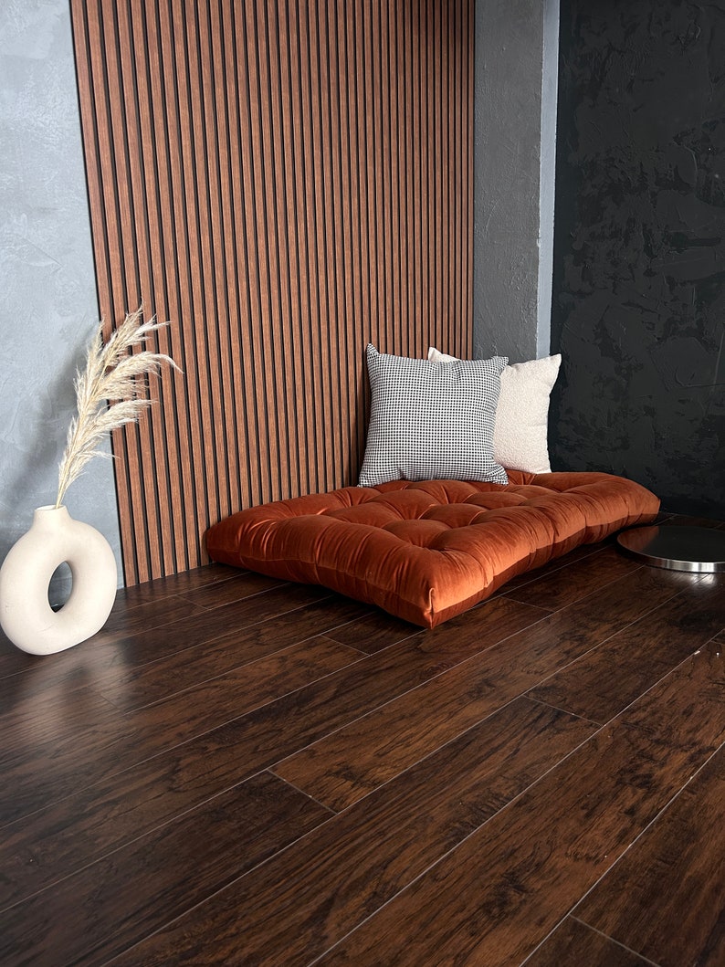 brown, orange velvet floor cushion, floor pillow, bench cushion, floor sofa, cushion, Patuuliving, tufted cushion, floor couch, bodenkissen, daybed cushion, custom bench cushion, matelas de sol, 80x120cm, large floor cushion, reading nook cushion