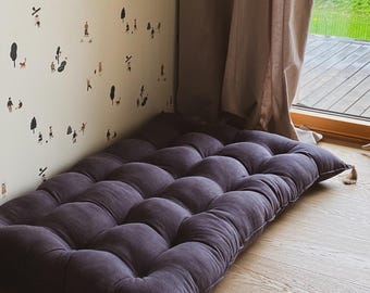 Grey Linen Floor Cushion with Cotton Tassels: Tufted Boho Seating, Kids Pillow