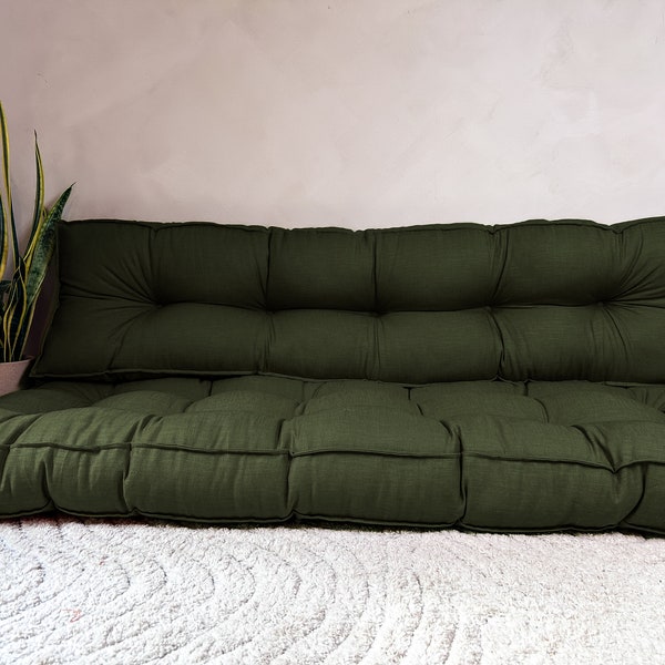 Coussin de sol en lin vert marine, plusieurs couleurs et tailles. Taille personnalisée, coussin français en lin, coussin français en velours