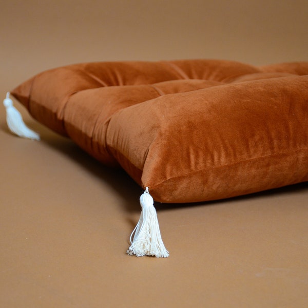 Velvet floor cushion with tassels, circus vibe cushion, floor pillow with pom-poms, free delivery