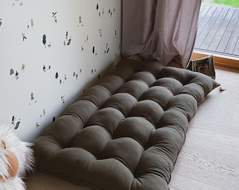 Boho Tufted Linen Floor Cushion with Cotton Tassels: Comfy Seating, Kids Pillow