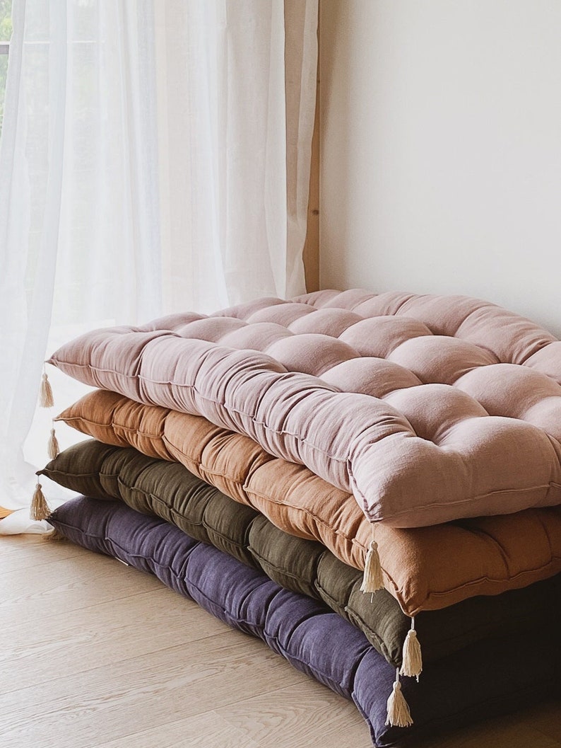 Old pink Linen Floor cushion, floor lounger, with or without tassels, floor sofa, floor pillow image 1