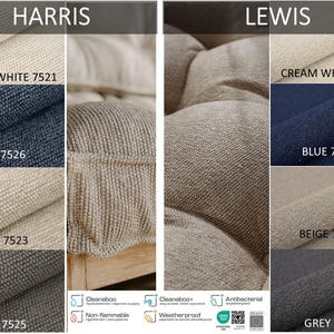 May include: Fabric swatches in cream white, blue, beige, and grey, with the names HARRIS and LEWIS above. The swatches are labeled with color names and numbers. The image also shows a close-up of a textured fabric.