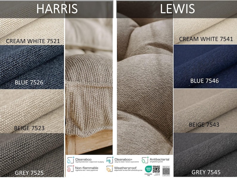 May include: Fabric swatches in cream white, blue, beige, and grey, with the names HARRIS and LEWIS above. The swatches are labeled with color names and numbers. The image also shows a close-up of a textured fabric.