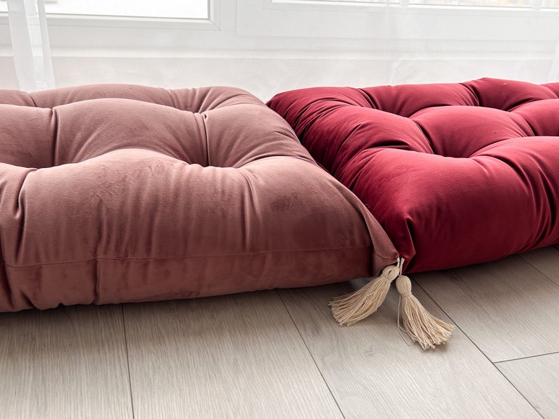 Boho style Velvet floor cushion with tassels, circus vibe cushion, kids room decor cushion image 5