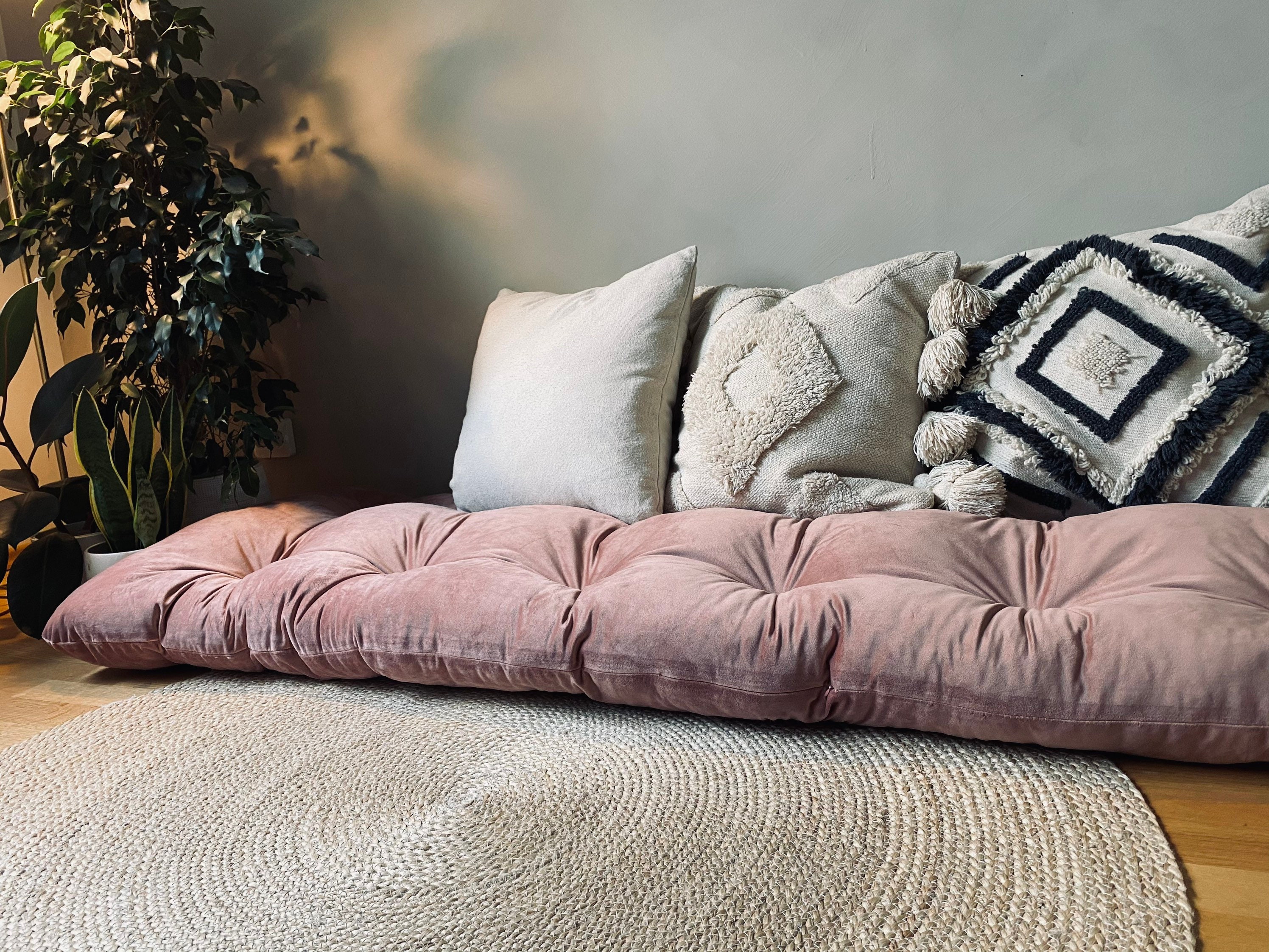 Old Pink Velvet Floor Cushion: Bohemian Floor Pillow Seating