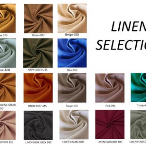 Puede incluir: Una selecci&oacute;n de 15 muestras de tela de lino en varios colores, incluyendo amarillo, marr&oacute;n, beige, azul claro, verde marino, azul, mostaza amarilla de lino, &oacute;xido de lino, topo, rosa, turquesa, rosa viejo de lino, gris oscuro de lino, crema de lino, rojo oscuro de lino y verde bosque de lino. Las muestras est&aacute;n dispuestas en una cuadr&iacute;cula de cinco filas y tres columnas. El texto "LINEN SELECTION" se muestra encima de las muestras.