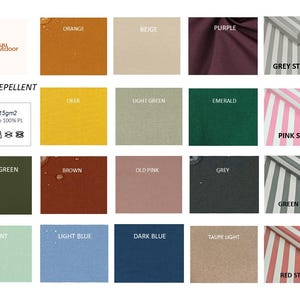 Peut inclure: Un nuancier pr&eacute;sentant des &eacute;chantillons de tissus de couleurs orange, beige, violet, ocre, vert clair, &eacute;meraude, vert fonc&eacute;, marron, vieux rose, gris, menthe, bleu clair, bleu fonc&eacute; et taupe. Des &eacute;chantillons de tissus ray&eacute;s gris, roses, verts et rouges sont &eacute;galement pr&eacute;sent&eacute;s. Le texte "WATER-REPELLENT" est visible.