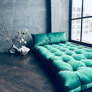 emerald green velvet floor cushion, floor pillow, bench cushion, floor sofa, velvet cushion, Patuuliving, tufted cushion, floor couch, bodenkissen, daybed cushion, custom bench cushion, matelas de sol