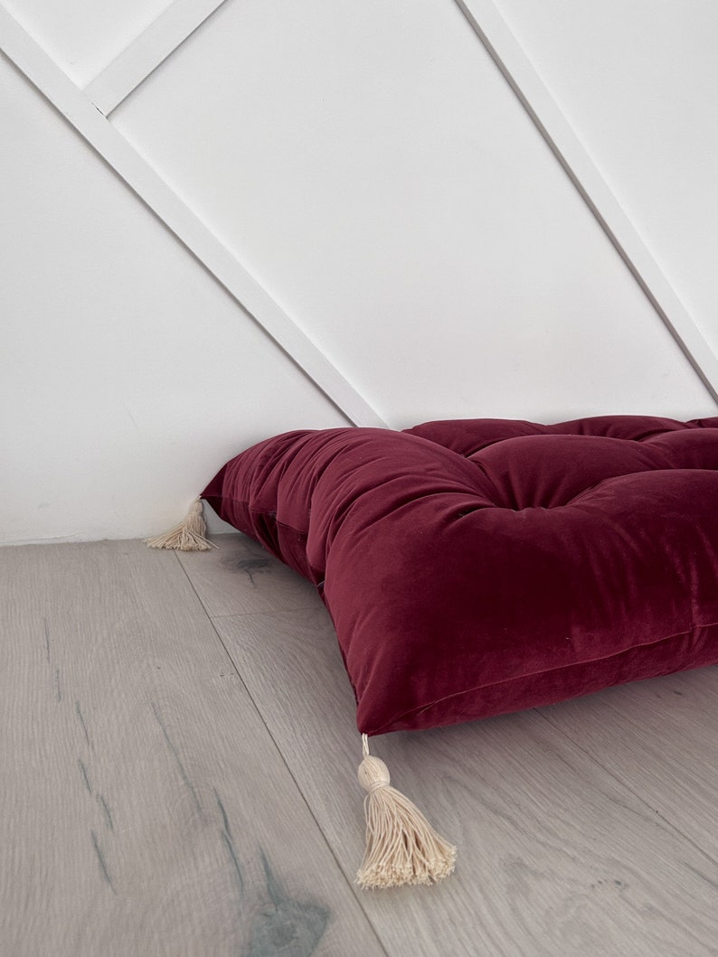 Boho style Velvet floor cushion with tassels, circus vibe cushion, kids room decor cushion image 6