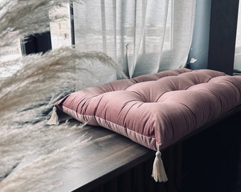 Tufted Velvet Bench Cushion with Tassels | Handmade Boho Window Seat Pad