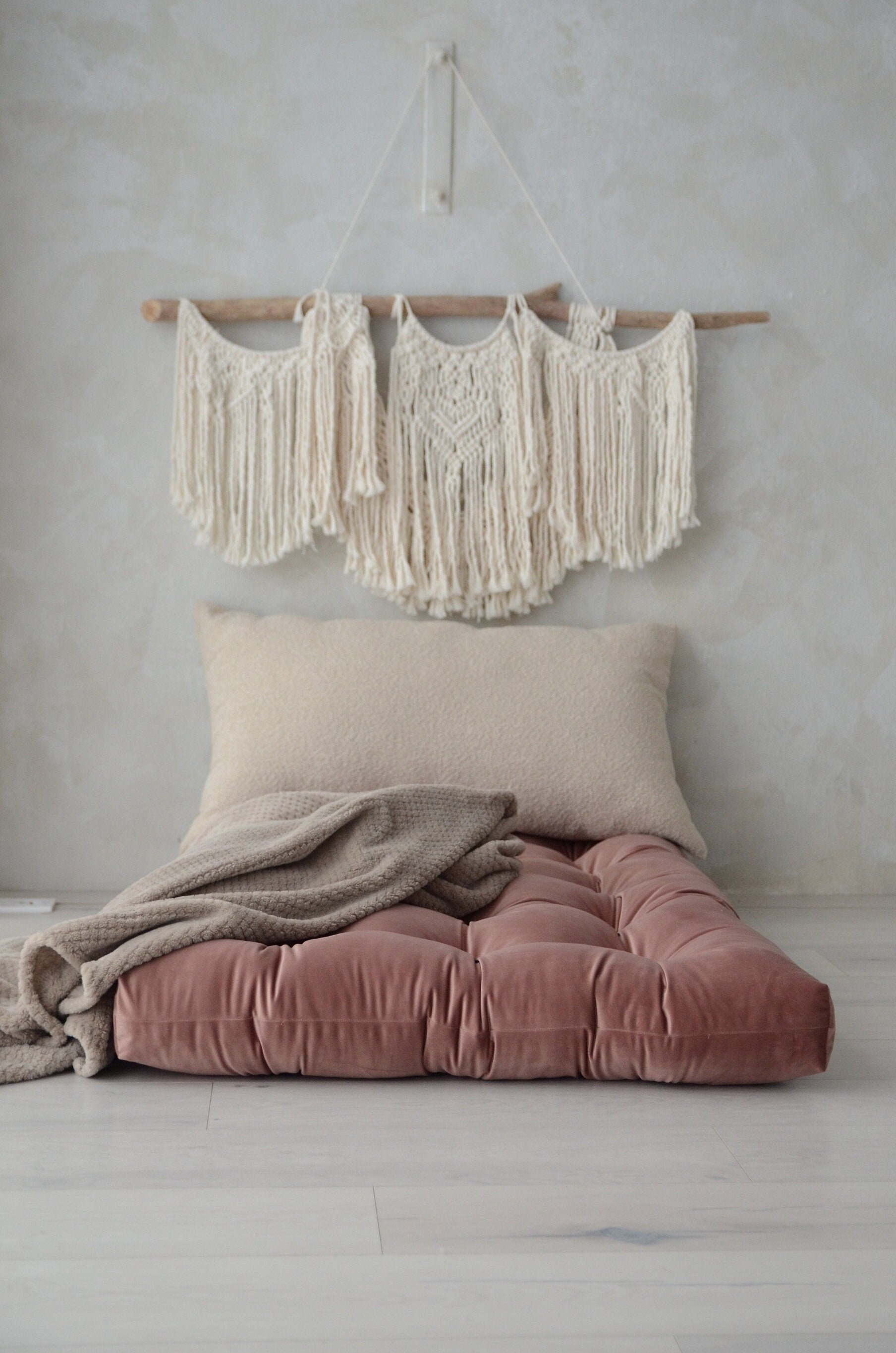 Old Pink Velvet Floor Cushion: Bohemian Floor Pillow Seating