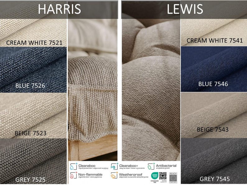 Peut inclure: &Eacute;chantillons de tissu cr&egrave;me, bleu, beige et gris, avec les noms HARRIS et LEWIS. Chaque &eacute;chantillon porte un nom et un num&eacute;ro de couleur. L'image montre &eacute;galement un gros plan d'un tissu textur&eacute;, avec des propri&eacute;t&eacute;s de tissu.
