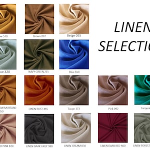 May include: A selection of linen fabric swatches in various colors, including yellow, brown, beige, light blue, navy green, and blue. The image also displays swatches of linen yellow mustard, rust, taupe, pink, and turquoise. The text "LINEN SELECTION" is displayed.