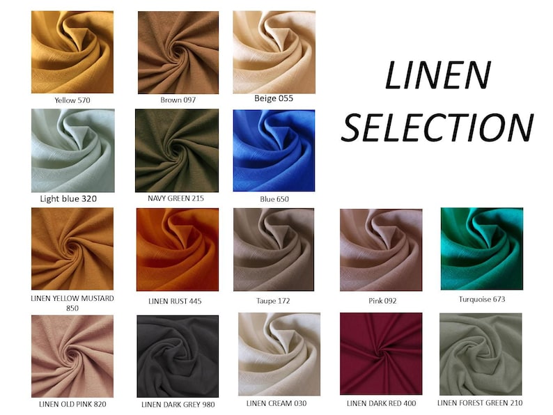 May include: A selection of linen fabric swatches in various colors, including yellow, brown, beige, light blue, navy green, and blue. The image also displays swatches of linen yellow mustard, rust, taupe, pink, and turquoise. The text "LINEN SELECTION" is displayed.
