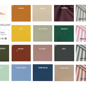 Puede incluir: Una carta de colores que muestra 16 muestras de tela diferentes. Las muestras est&aacute;n etiquetadas con los siguientes colores: Naranja, Beige, P&uacute;rpura, Rayas grises, Rayas rosas, Rayas verdes, Rayas rojas, Verde oscuro, Marr&oacute;n, Rosa viejo, Gris, Menta, Azul claro, Azul oscuro, Topo claro y Ocre. La carta tambi&eacute;n incluye informaci&oacute;n sobre la tela, como el peso (215 g/m2) y la composici&oacute;n (100 % PL).