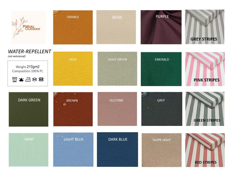 Puede incluir: Una carta de colores que muestra 16 muestras de tela diferentes. Las muestras est&aacute;n etiquetadas con los siguientes colores: Naranja, Beige, P&uacute;rpura, Rayas grises, Rayas rosas, Rayas verdes, Rayas rojas, Verde oscuro, Marr&oacute;n, Rosa viejo, Gris, Menta, Azul claro, Azul oscuro, Topo claro y Ocre. La carta tambi&eacute;n incluye informaci&oacute;n sobre la tela, como el peso (215 g/m2) y la composici&oacute;n (100 % PL).