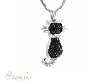 Black Crystal Cat Cremation Ashes Necklace - Memorial Keepsake Urn. Free UK Delivery. Chain Included. Memorial Jewellery.