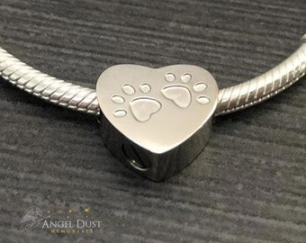 Paw print heart to fit on charm bracelet - Cremation ashes charm - Pet Dog Cat Memorial Keepsake Urn jewellery. Free UK Delivery.