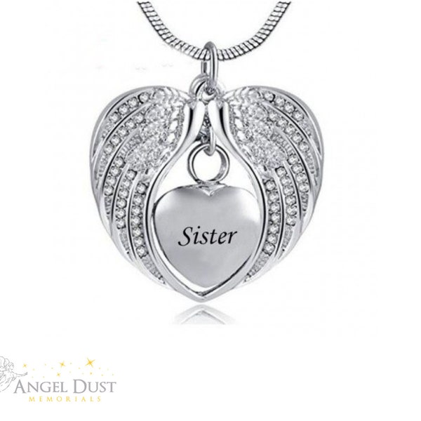 Sister Angel Wings Cremation Ashes Necklace - Memorial Keepsake Urn. Free UK Delivery. Chain Included.