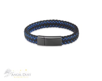 Mens - Boys Cremation Ashes Urn bracelet - Unisex Leather Black Clasp Black and Blue Strap - Memorial Keepsake Urn jewellery.