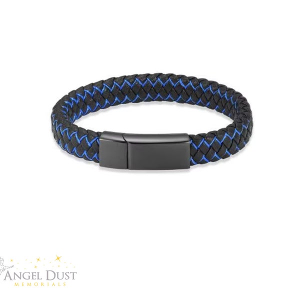 Mens - Boys Cremation Ashes Urn bracelet - Unisex Leather Black Clasp Black and Blue Strap - Memorial Keepsake Urn jewellery.