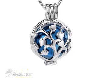 Blue Tree of life Locket Cremation Ashes Necklace - Memorial Keepsake Urn. Free UK Delivery. Snake Chain Included.