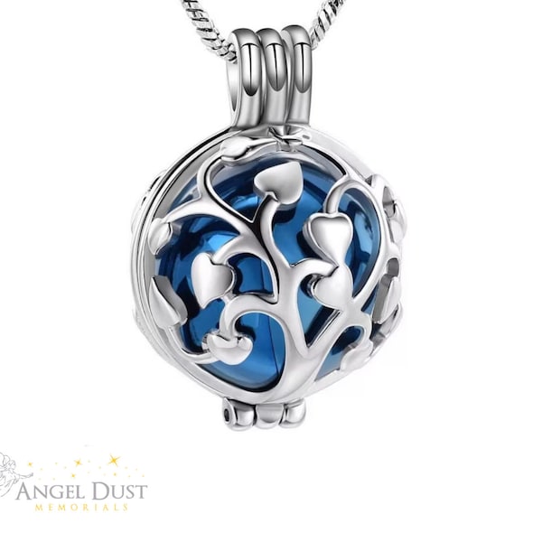 Blue Tree of life Locket Cremation Ashes Necklace - Memorial Keepsake Urn. Free UK Delivery. Snake Chain Included.