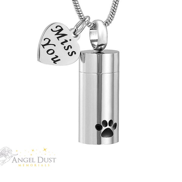 Coeur avec empreintes de pattes Miss You, chat, collier de cendres de crémation pour chien, urne commémorative. Livraison gratuite au Royaume-Uni. Chaîne incluse.