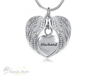 Husband Angel Wings Cremation Ashes Necklace - Memorial Keepsake Urn. Free UK Delivery. Chain Included.
