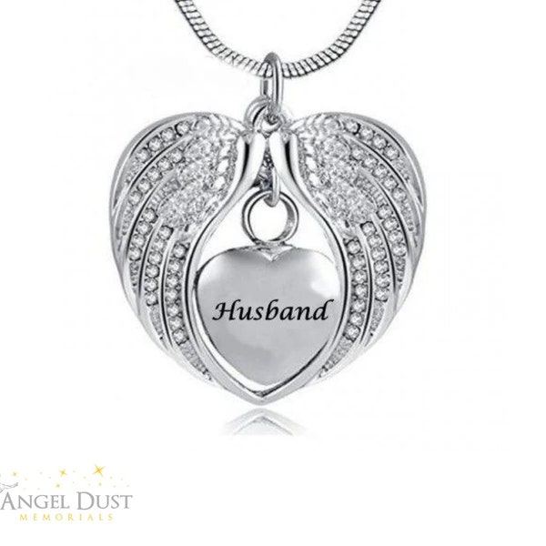 Husband Angel Wings Cremation Ashes Necklace - Memorial Keepsake Urn. Free UK Delivery. Chain Included.