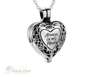 Always In My Heart Locket Cremation Ashes Necklace - Memorial Keepsake Urn. Free UK Delivery. Chain Included.  Memorial Jewellery.