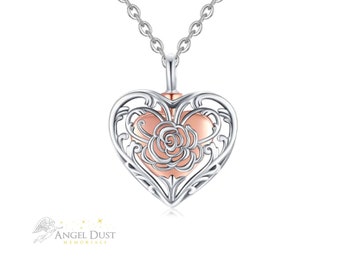 925 Sterling Silver Rose Heart Locket Cremation Ashes Necklace - Memorial Keepsake Urn jewellery - Free UK Delivery.