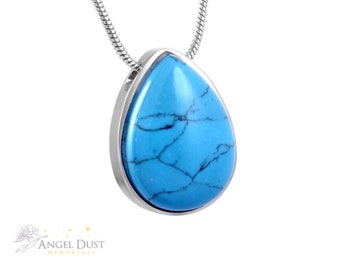 Blue Teardrop Cremation Ashes Necklace - Memorial Keepsake Urn. Free UK Delivery. Chain Included.  Memorial Jewellery.