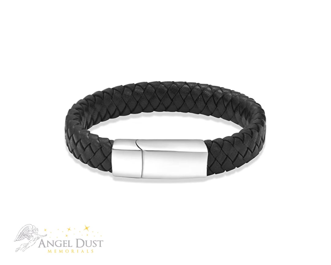 Mens All Black Bracelet or Black & Silver Unisex Leather Cremation