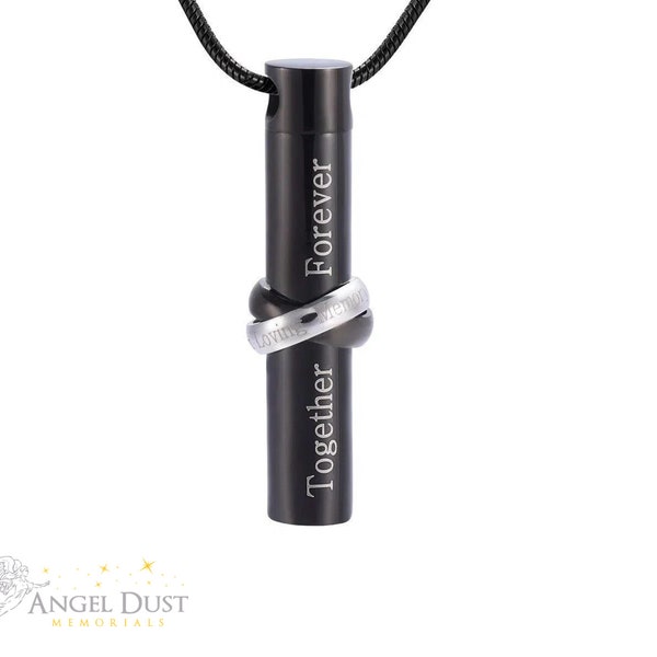 Together Forever Cylinder Cremation Ashes Necklace (Black) - Memorial Keepsake Urn. Free UK Delivery. Chain Included.