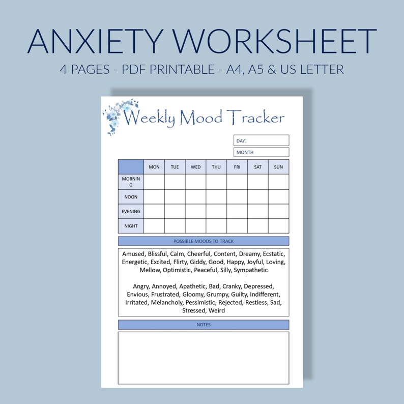 Anxiety Worksheet Anxiety Journal Anxiety Planner Mood | Etsy