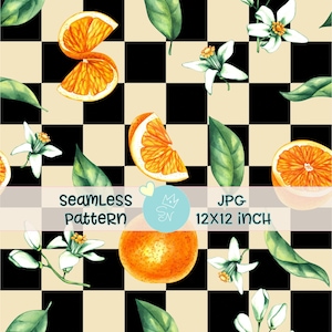 Retro rutiga apelsiner sömlösa mönster, botaniska akvarell vårblommor upprepande mönster, digitalt papper för inbjudningar, frukt sömlös fil