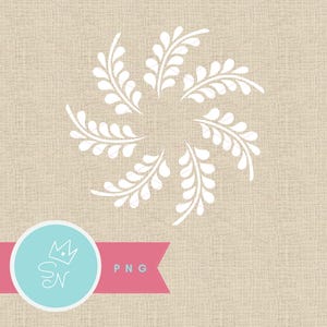 May include: White floral design arranged in a circular pattern on a beige background. A pink banner with the text "PNG" and a light blue circle with a crown and the letters "SN" is at the bottom. The design is likely for digital use.
