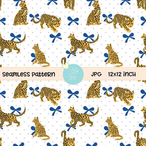 May include: A seamless pattern design with illustrations of leopards in gold and brown, blue bows, and small grey dots on a white backdrop. The text "Seamless Pattern" and "JPG 12x12 inch" are also present.