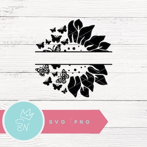 May include: Black and white silhouette of a sunflower with butterflies surrounding it. The sunflower is split in half with a horizontal line, creating a space for text.