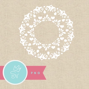 May include: A white, circular, decorative design with floral and heart motifs. The design is centered on a beige background. A pink banner with the text "PNG" and a light blue circle with a crown and the letters "SN" is at the bottom.