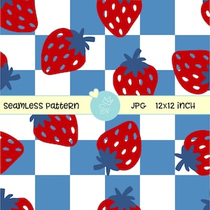 Puede incluir: Patrón sin costuras con fresas rojas con tallos azules sobre un fondo a cuadros azul y blanco. La imagen incluye el texto "Seamless pattern" y "JPG 12x12 inch".
