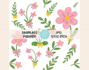 Estampado sin costuras de flores rosas con lazos, estampado repetitivo de flores silvestres de primavera, papel digital para invitaciones, estampado sin costuras Coquette Preppy JPG