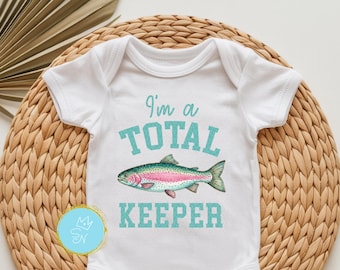 Retro rainbow trout PNG, I'm a total keeper, Cute preppy flyfishing png, Outdoors nature pregnancy reveal design, River fish trout gift idea