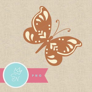 May include: A brown butterfly illustration with cream-colored accents. The butterfly has detailed wing patterns and delicate antennae. A pink banner with the text "PNG" and a blue circle with a crown logo are also present.