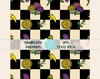 Patrón sin costuras de flores a cuadros retro, patrón repetitivo de flores de primavera, papel digital para invitaciones, estampado sin costuras moderno, estampado sin costuras original