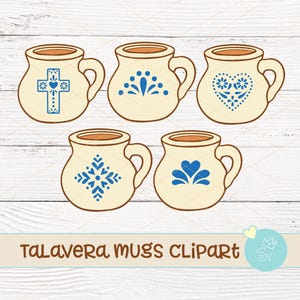 Op de afbeelding: Vijf crèmekleurige Talavera-mokken met bruine randen en handvatten. Elke mok heeft een ander blauw ontwerp: een kruis, bloempatronen en harten. De tekst "Talavera Mugs Clipart" staat onderaan.